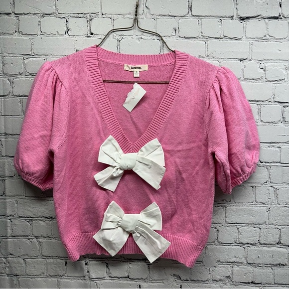 Lalavon Pink Sweater with White Bows size S NWT - Picture 2 of 9